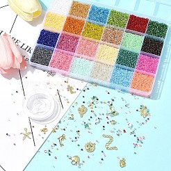 DIY 丸型ガラスシードビーズと合金チャームブレスレット作成キット  ミックスカラー  2~2.5x1.5~2mm  穴：0.8~1mm&nbsp;DIY-FS0007-19