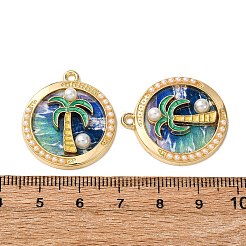 合金エナメルチャーム  ABSイミテーションパールとプリント付き  フラットラウンド、ココナッツの木のチャーム付き  ラックめっき  ライトゴールド  カラフル  27.5x24.5x5mm  穴：1.8mm&nbsp;ENAM-B028-08KCG