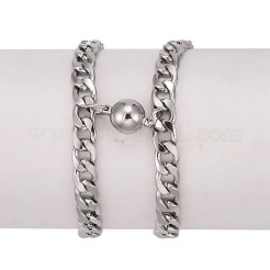 変色しにくい304ステンレススチールカーブチェーンブレスレット  カップルのブレスレット  マグネットクラスプ付き  ステンレス鋼色  8-1/8インチ（20.5cm）  8-7/8インチ（22.5cm）  2個/セット&nbsp;BJEW-JB06277