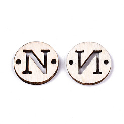 未完成の天然ポプラ材リンクコネクター  レーザー切断  単語とフラットラウンド  文字.n  19.5x2.5mm  穴：2mm&nbsp;WOOD-S045-140A-01N