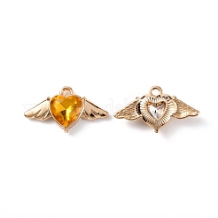亜鉛合金ラインストーンペンダント  羽根付きハートチャーム  ゴールドカラー  トパーズ  13.5x24.5x5mm  穴：1.8mm&nbsp;ALRI-TAC0003-24A