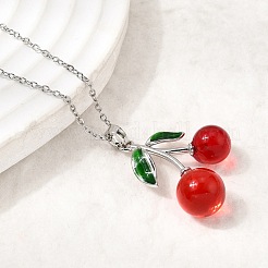 Brass Enamel & Resin Red Cherry Pendant 304 Stainless Steel Cable Chain Necklaces for Women&nbsp;NJEW-H092-01P