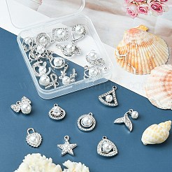20スタイルの合金クリスタルラインストーンペンダント20個。  ABSプラスチック模造パールビーズ付き  王冠＆鹿＆星＆花＆ハート＆月＆ちょう結び＆フィッシュテールチャーム  プラチナ  17~26x12.5~18.5x4.5~10mm  穴：1.6~2.5mm  1個/スタイル&nbsp;ALRI-YW0001-14