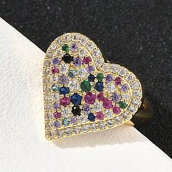 女性用ハート真鍮マイクロパヴェキュービックジルコニアカフリング  カドミウムフリー＆鉛フリー  ラックめっき  18KGP本金メッキ  カラフル  15.4~16.8mm&nbsp;RJEW-A069-12G-04