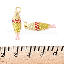 真鍮製エナメルペンダント  キュービックジルコニアの魚型チャーム付き  ラックめっき  カドミウムフリー＆鉛フリー  長持ちメッキ  18KGP本金メッキ  黄緑  25.5x7.5x3.8mm  穴：3.5mm&nbsp;KK-B148-14G-06
