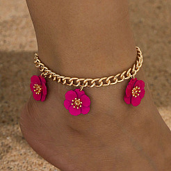 Triple Deep Pink Flower Alloy Charm Twisted Chain Anklets for Women&nbsp;FS-WGF82CC-01