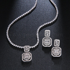 Square Brass Micro Pave Clear Cubic Zirconia Pendant Necklaces & Stud Dangle Earrings Sets&nbsp;FS-WG98D1F-01