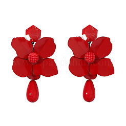 合金と樹脂のダングルスタッドピアス  ティアドロップの花  ファイヤーブリック  107x55mm&nbsp;FS-WG0AF0D-01