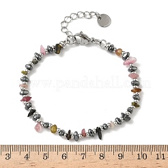 Natural Multicolor Tourmaline Chip & Non-magnetic Synthetic Hematite Beaded Bracelet for Women&nbsp;BJEW-Z148-02P-06
