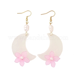 天然貝の月と花のぶら下がりイヤリング  アクリル＆シェルパール＆304ステンレススチールフック付き  ゴールドカラー  78x30.5mm&nbsp;EJEW-JE06759