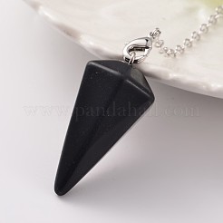 Platinum Tone Brass Dyed & Heated Black Agate Cone Hexagonal Pointed Dowsing Pendulums&nbsp;MAK-M015-01C