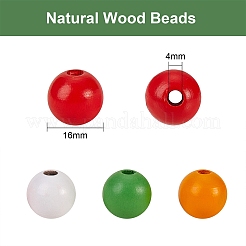200本4色塗装天然木ビーズ  ラウンド  ミックスカラー  16mm  穴：4mm  50個/カラー&nbsp;WOOD-SZ0001-06