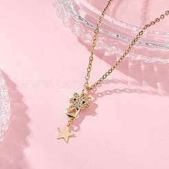 Cat with Star Brass Micro Pave Clear Cubic Zirconia Pendant 304 Stainless Steel Cable Chain Necklaces for Women&nbsp;NJEW-JN05716