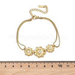 304ステンレススチール製マイクロパヴェクリアキュービックジルコニアデイジーリンクブレスレット  女性用ボールチェーン二重ブレスレット  ゴールドカラー  6.97インチ（17.7cm）&nbsp;BJEW-F533-01B-G