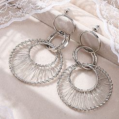合金と鉄のダングルスタッドピアス  中空フラットラウンド  プラチナ  75x45mm&nbsp;EJEW-M075-06P