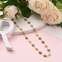 ゴールデンブラスフラワーエナメルリンクチェーンネックレス  真鍮製のカーブチェーンとカニカン付き  カラフル  17インチ（43.1cm）&nbsp;X-NJEW-JN03171-01