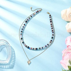 Alloy Heart Pendant Imitation Jade Glass Rondelle Beaded Double Layedred Necklaces&nbsp;NJEW-JN05529-01