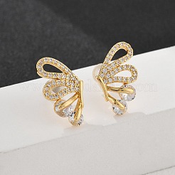 真鍮マイクロペーブクリアキュービックジルコニアスタッドピアス  シリコン製耳栓付き  長持ちメッキ  蝶の羽  左右  18KGP本金メッキ  17x10mm&nbsp;EJEW-B131-04G