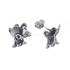 レトロ 304 ステンレス スタッド イヤリング  耳ナッツ  海賊の頭蓋骨  アンティークシルバー  12.5x12mm  ピン：0.7mm&nbsp;EJEW-L248-024AS