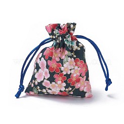 黄麻布製梱包袋ポーチ  巾着袋  花模様の長方形  ダークブルー  10~10.5x8~8.3cm&nbsp;ABAG-I001-8x10-07D