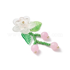 ガラスビーズのペンダント  アクリルリーフ付きフラワーチャーム  ゴールドカラー  パールピンク  47x30x11mm  穴：2x1mm&nbsp;PALLOY-MZ01156-01
