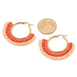 304ステンレススチールとボヘミアンビーズのファンフープピアス（女性用）  ゴールドカラー  レッドオレンジ  43.5x50x4.5mm  ピン：0.8mm&nbsp;EJEW-R001-01G-04