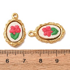 304ステンレススチールと布刺繍のペンダント  バラの花のチャームが付いた、波型の楕円形  イオンプレーティング（ip）  長持ちメッキ  18KGP本金メッキ  クリムゾン  23.5x14x3mm  穴：1.7mm&nbsp;FB-CBAFBAF-04G