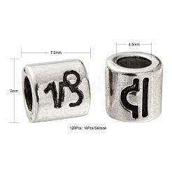 120個12スタイルアロイヨーロピアンビーズ  大穴ビーズ  コラム  アンティークシルバー  12星座  7.5x7mm  穴：4.5mm  10個/スタイル&nbsp;FIND-LS0001-12