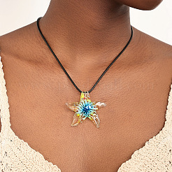 Summer Beach Starfish Transparent Glass Pendant Black Waxed Cord Necklaces for Women&nbsp;FS-WG29C72-01