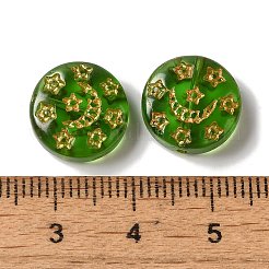 透明なランプワークビーズ  月と星が描かれたフラットラウンド  ライムグリーン  13x5mm  穴：1mm  約70~82個/100g&nbsp;LAMP-P065-04A-05