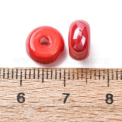 手作りの陶器ビーズ  フラットラウンド  光沢釉の磁器  レッド  9x5mm  穴：2mm&nbsp;PR-Z001-01D