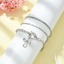 3Pcs 3 Style 316 Surgical Stainless Steel Box & Venetian Chain Bracelets Set with Corss Charms&nbsp;BJEW-FS0001-07