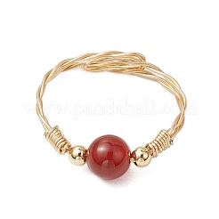 Round Natural Carnelian & White Jade & Fossil & Tiger Eye & Amethyst Beaded Finger Rings&nbsp;RJEW-JR00783