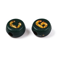 メッキアクリルビーズ  メタルエンレース付き  アルファベット付きフラットラウンド  ティール  7x4mm  穴：1.6mm  約3330個/500g&nbsp;PACR-T017-02D