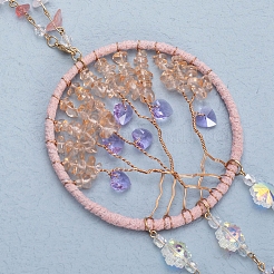 Natural Rose Quartz Chips Flat Round with Tree of Life Pendant Decorations&nbsp;LS-TREE-PW0003-16