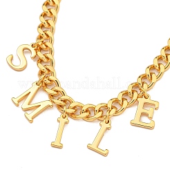 女性用真鍮チャームブレスレット  リアル18kグロッドメッキ  言葉笑顔  6-3/4インチ（17.2cm）  ペンダント：9~9.5x3~7mm&nbsp;BJEW-U008-19G-03