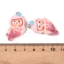 不透明樹脂ペンダント  キラキラパウダーとプラチナトーンのアイアンループ付き  人魚  ピンク  34x18x6mm  穴：2mm&nbsp;X-RESI-D055-037P
