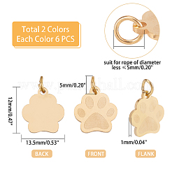 ステンレス製ペットチャーム201個  丸カン付き  犬の足跡  ゴールデン·ステンレス鋼色  13.5x12x1mm  穴：3mm  2色  6個/カラー  12個/箱&nbsp;STAS-UN0019-49