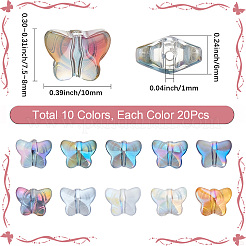 200個 10スタイル混合スタイル電気メッキ透明ガラスビーズ連売り  蝶  ミックスカラー  7.5~8x10x6mm  穴：1mm  20個/スタイル&nbsp;EGLA-SC0001-57