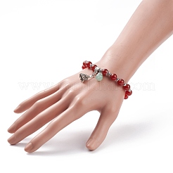 Natural Red Agate Carnelian(Dyed & Heated) & Green Aventurine Stretch Bracelet with Alloy Christmas Tree Charm&nbsp;BJEW-TA00124