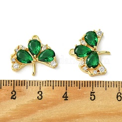 18KGP本金メッキ真鍮チャーム  ガラスと  クローバーチャーム  グリーン  16x18.5x4mm  穴：1.4mm&nbsp;KK-D092-01G-01