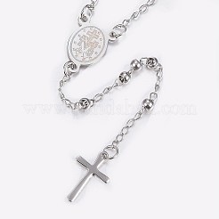 変色しない304ステンレススチールロザリオビーズネックレス  イースターのために  カニカン付き  十字架とイエス  ステンレス鋼色  20.8インチ（53cm）&nbsp;X-NJEW-I205-14P