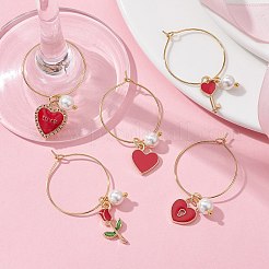 バレンタインデー合金エナメルワイングラスチャーム  真鍮のワイングラスチャームリングとシェルパールビーズ付き  バラ/ハート/鍵  レッド  44~49.5mm&nbsp;AJEW-JO00201