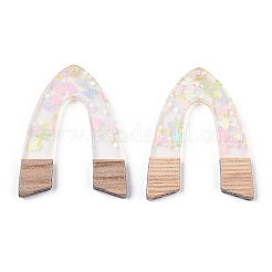 透明レジン＆ホワイトウッドペンダント  スパンコール付きアーチ型チャーム  透明  38x29x3mm  穴：2mm&nbsp;RESI-N039-32