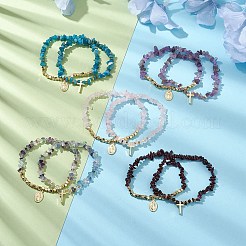天然宝石チップ＆キューブ非磁性合成ヘマタイトビーズストレッチブレスレットセット2個  十字架と聖母マリアのチャームが重ねられる女性用ブレスレット  内径：2-1/8インチ（5.4cm）&nbsp;BJEW-JB10630