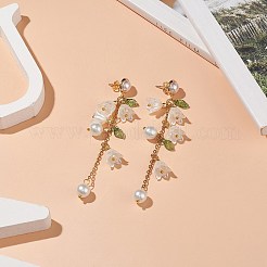 フラワー腹筋プラスチック&ガラスパールダングルスタッドピアス  女性用ゴールド真鍮チェーンタッセルイヤリング  グリーン  90mm  ピン：0.8mm&nbsp;EJEW-JE05217