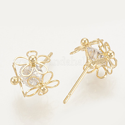 真鍮製キュービックジルコニアスタンドピアス  花  ニッケルフリー  18KGP本金メッキ  12x11mm  ピン：0.8mm&nbsp;KK-T029-16G