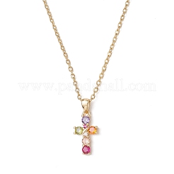 Brass Pave Colorful Cubic Zirconia Cross Pendant 304 Stainless Steel Cable Chain Necklaces for Women&nbsp;NJEW-JN05358
