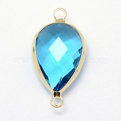 ゴールデントーン真鍮ガラスティアドロップリンクコネクター  ディープスカイブルー  21x11x5mm  穴：2mm&nbsp;GLAA-J010A-HF19-G
