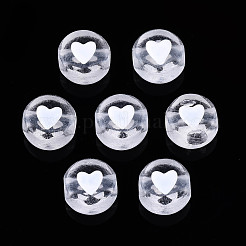無色透明アクリルビーズ  白いハートのフラットラウンド  7x4mm  穴：1.8mm  約3600~3700個/500g&nbsp;TACR-T008-03